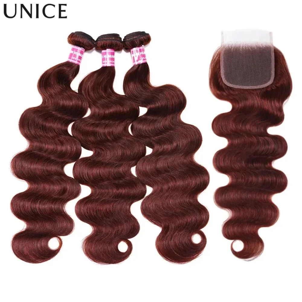 Reddish brown body wave human hair bundles with lace closure by HSF Marketplace