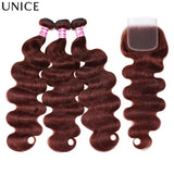 Reddish brown body wave human hair bundles with lace closure by HSF Marketplace