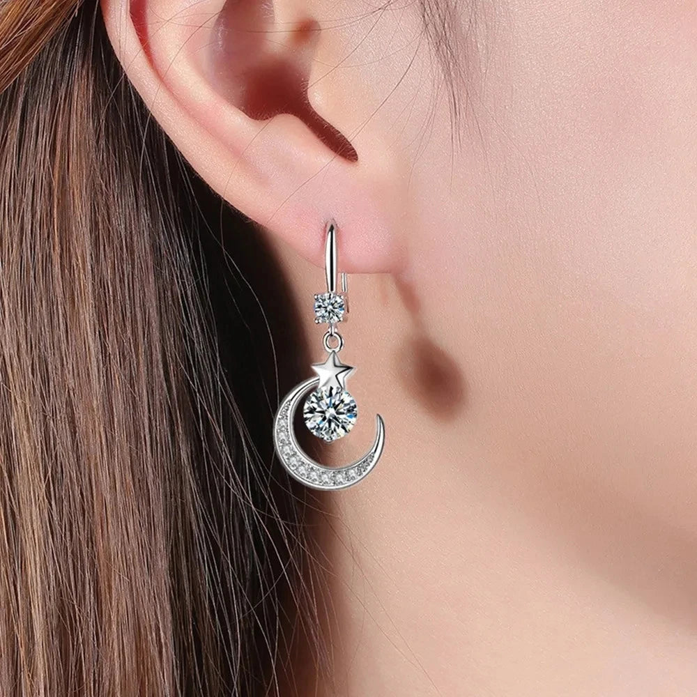 Dangle star and moon earrings in 925 sterling silver with sapphire by HSF Marketplace