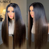 UNice 7x5 Lace No-Slip Cap Chestnut Brown Ombre Yaki Straight Wig With Drawstring 100% Human Hair Glueless Wigs