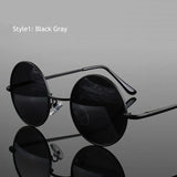 Retro vintage round polarized sunglasses for men and women with black lenses, alloy metal frame, UV400 protection, designer style.