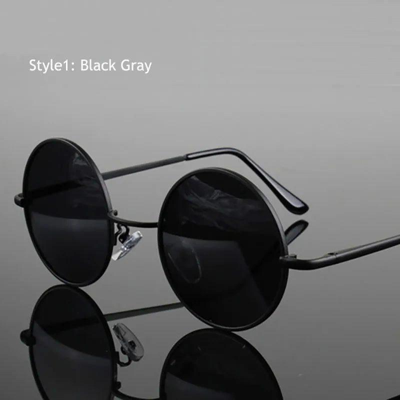 Retro vintage round polarized sunglasses for men and women with black lenses, alloy metal frame, UV400 protection, designer style.