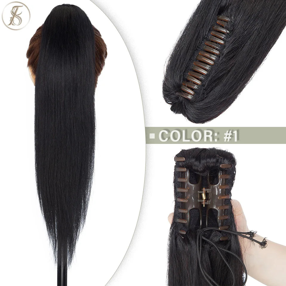TESS Brazilian human hair claw clip-in ponytail extension, 14–22 inches, natural black to blonde blend