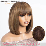 Rebecca human hair wig for women featuring a straight bob style with ombre blonde and brown shades, lace part for a natural look.