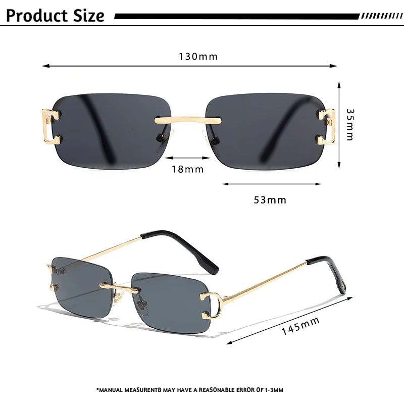HBK Retro rimless sunglasses with gold square frame for women and men, UV400 protection, stylish rectangle design.