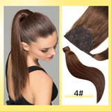 Yelo Remy human hair clip-on ponytail extension in straight blonde, brown, and black shades