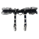 Women’s elastic PU leather thigh garter leg ring with heart rivets, spikes, and harness straps in punk goth style