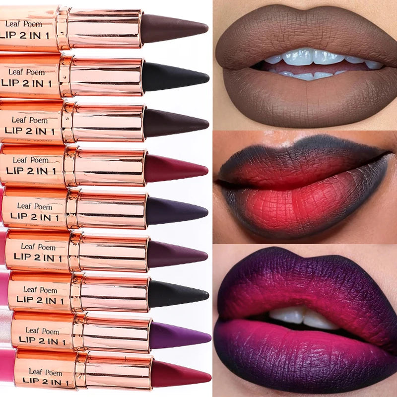 Red and black waterproof lipliner with purple rose design, double-ended matte lipgloss and contour pencil for precise lip makeup application