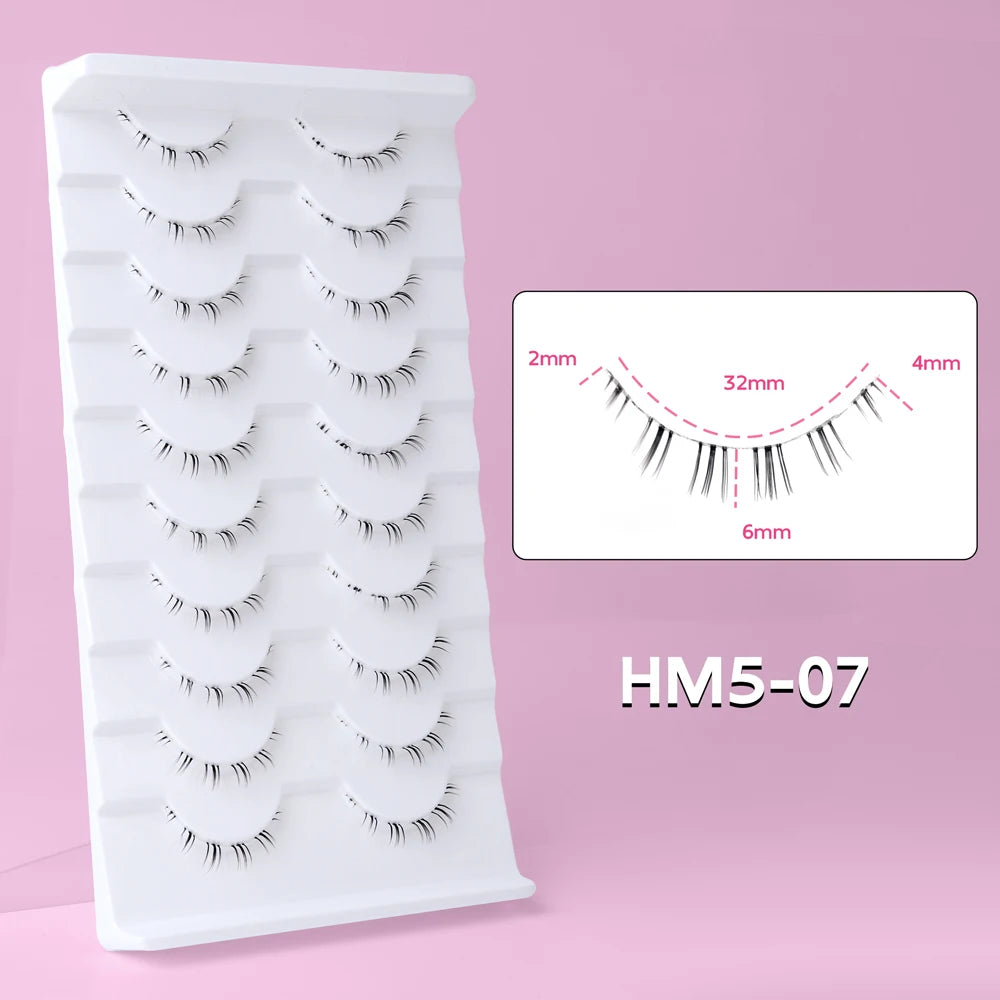 10 pairs of HSF Marketplace false bottom eyelashes featuring wispy, small flame design with clear band for Korean makeup and cosplay looks.