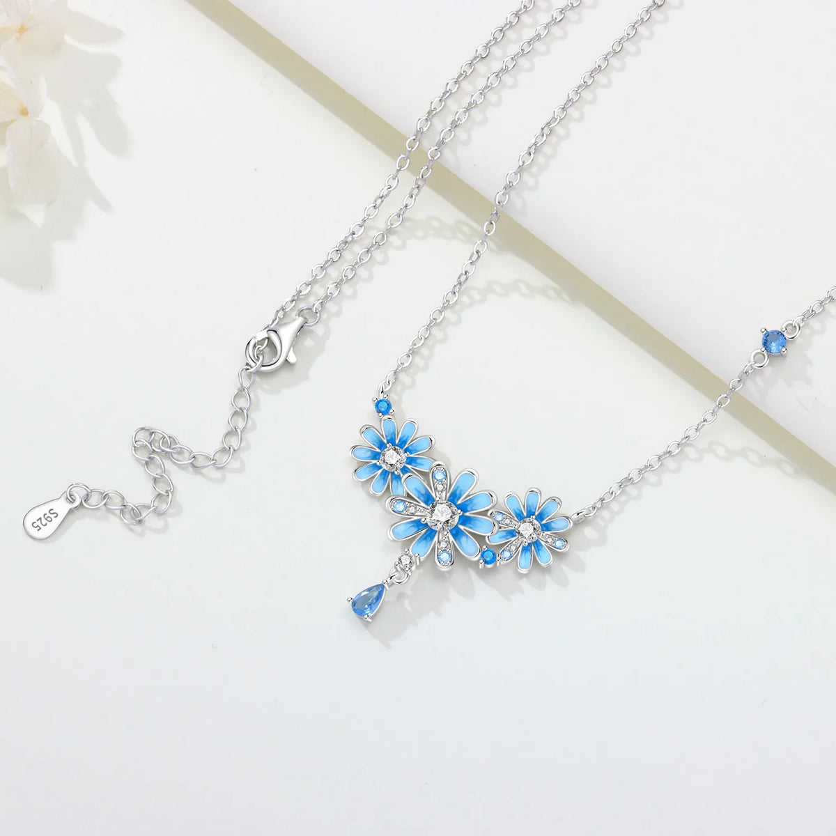925 sterling silver blue daisy flower pendant necklace for women, jewelry product image