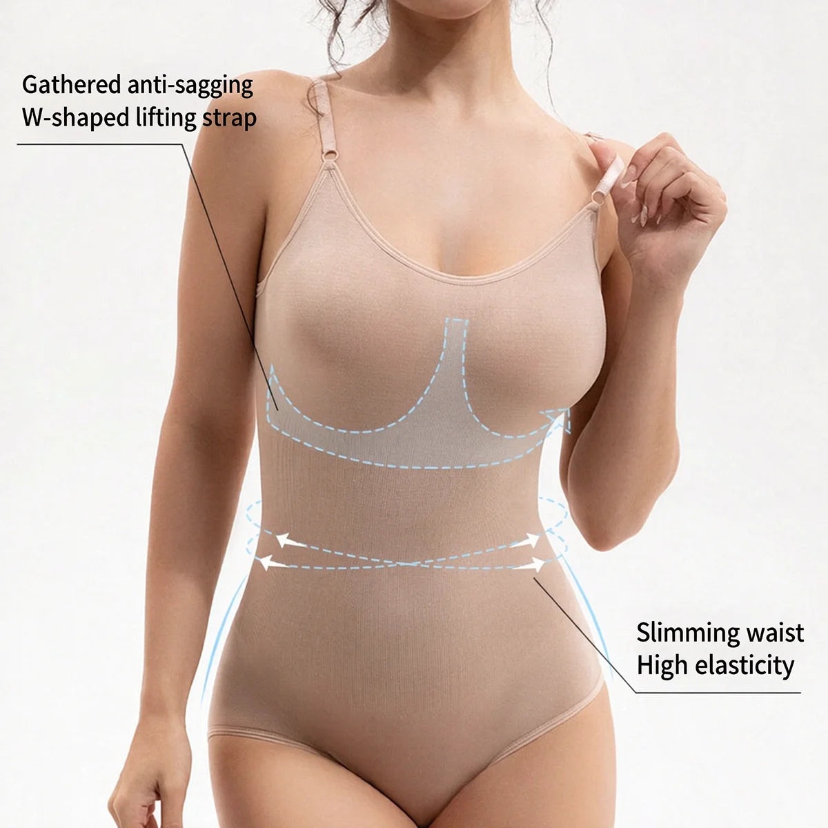 Women's seamless shapewear bodysuit with butt lifter, open crotch, high elasticity, and smooth finish