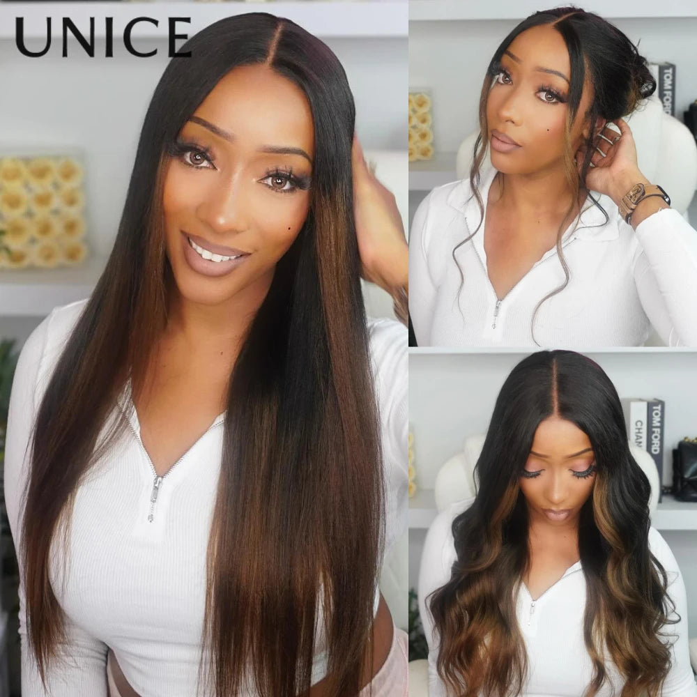 UNice 7x5 Lace No-Slip Cap Chestnut Brown Ombre Yaki Straight Wig With Drawstring 100% Human Hair Glueless Wigs