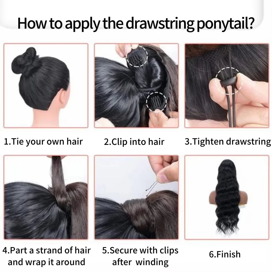 Body wave Brazilian Remy human hair drawstring clip-in ponytail, natural color, heat resistant for women