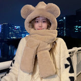Warm plush fleece 3-in-1 bear ear hooded winter hat and scarf set by HSF Marketplace