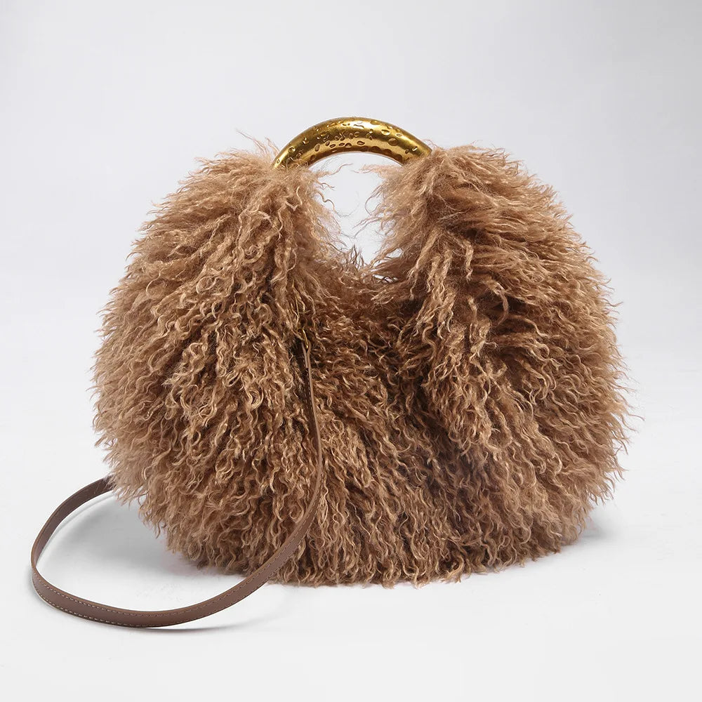 Spice Girl solid color plush women's shoulder handbag with furry texture and elegant handle, casual versatile purse for women.