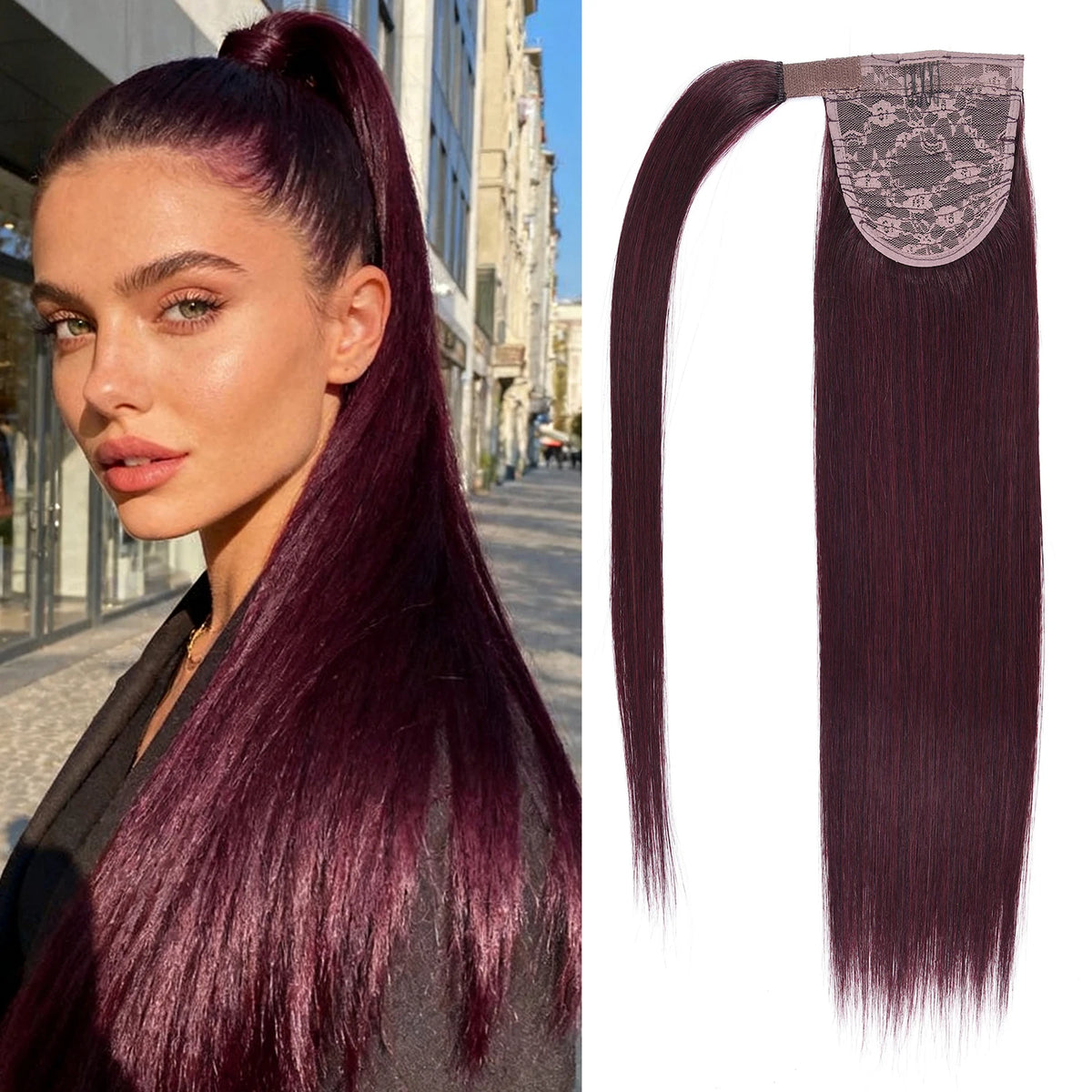 HSF Marketplace straight human hair wrap-around ponytail extension with clip for women