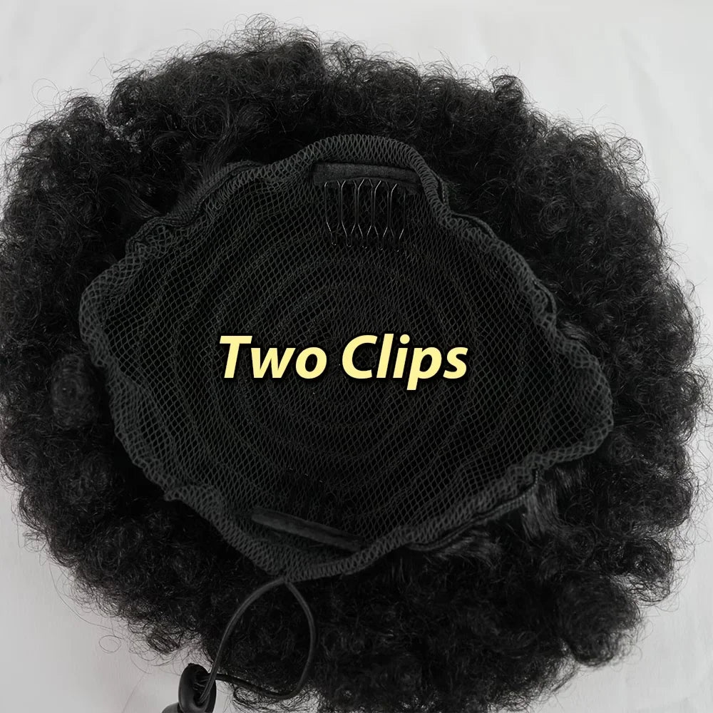 Natural black short voluminous kinky afro puff drawstring human hair bun ponytail chignon for women