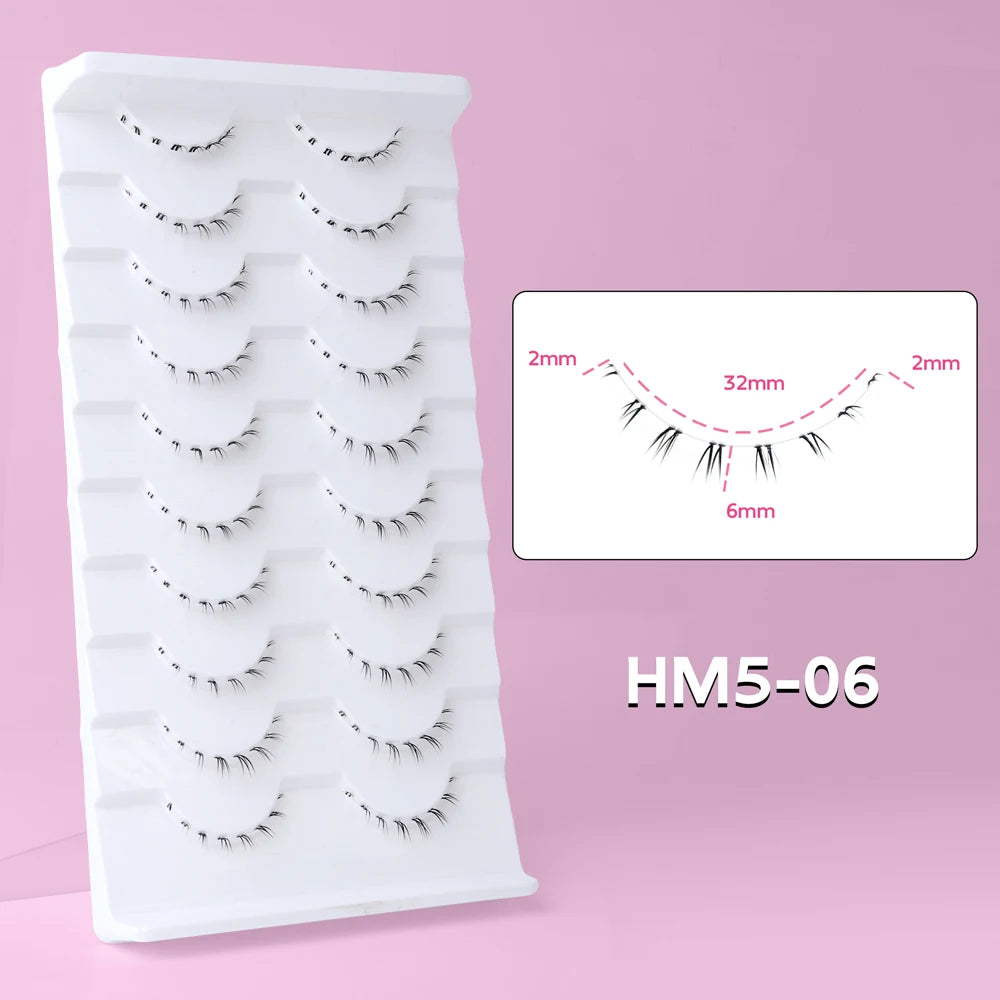10Pairs of HSF Marketplace false eyelashes with clear bands, wispy manga style lower lashes, small flame design for Korean makeup.