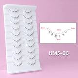 10Pairs of HSF Marketplace false eyelashes with clear bands, wispy manga style lower lashes, small flame design for Korean makeup.