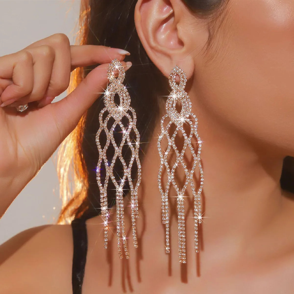 Long tassel rhinestone drop earrings for women by HSF, featuring a geometric design.