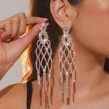 Long tassel rhinestone drop earrings for women by HSF, featuring a geometric design.