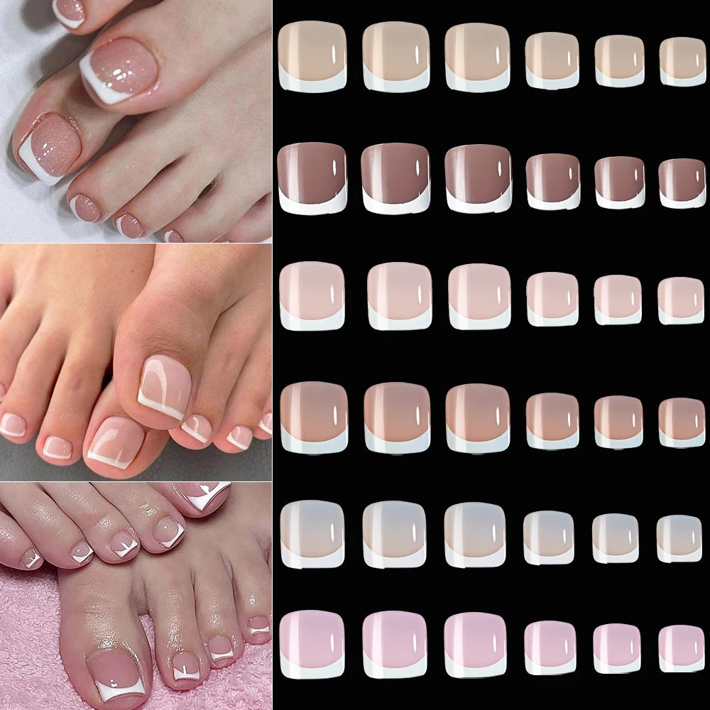 Pink glossy square French tip press-on toenails, short false toe nails set by HSF Marketplace