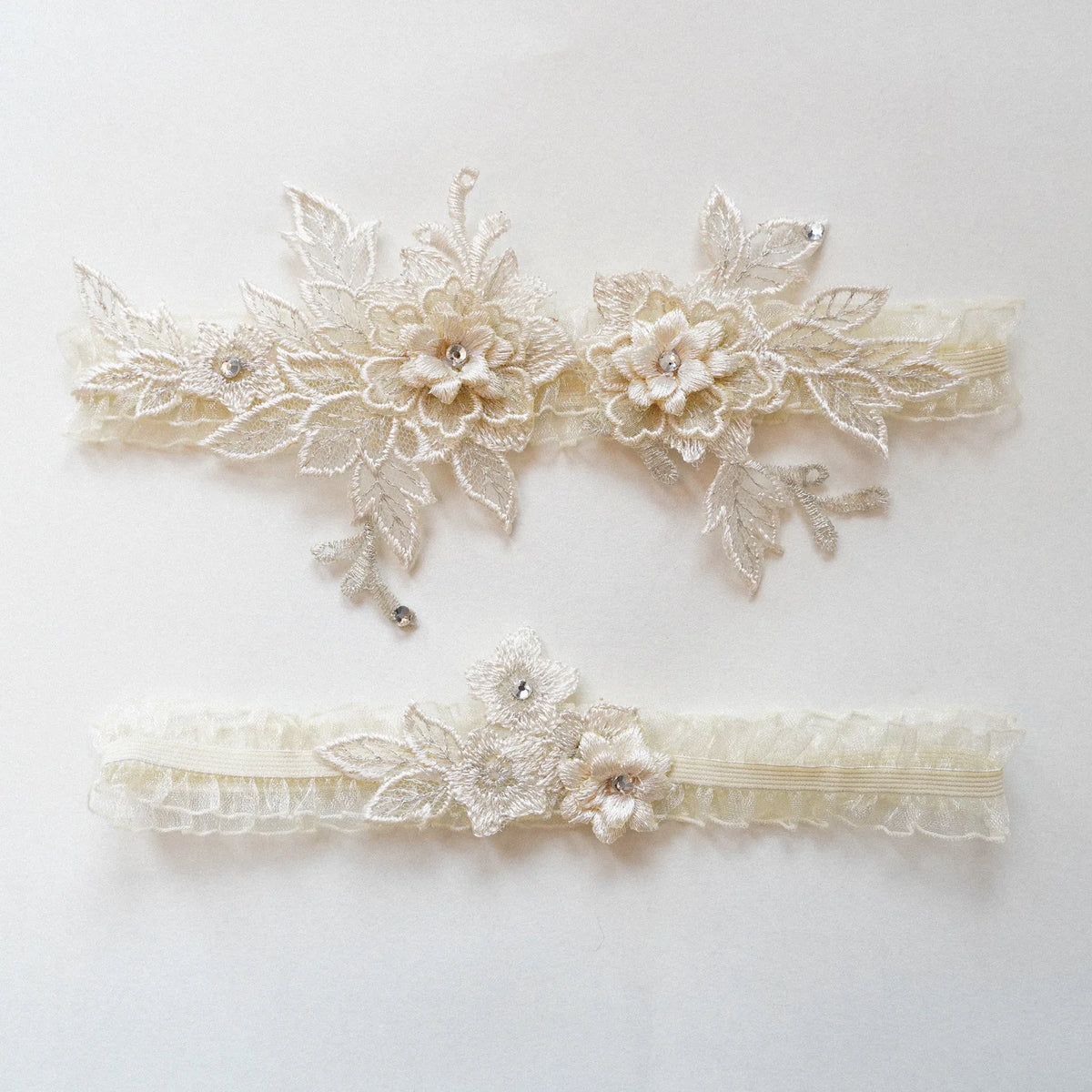 2-piece stretch lace garter belt set with floral embroidery and rhinestone accents for bridal lingerie