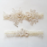 2-piece stretch lace garter belt set with floral embroidery and rhinestone accents for bridal lingerie