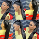 Bone straight natural black human hair wrap-around clip-in ponytail extension, 100g, 8–24 inches