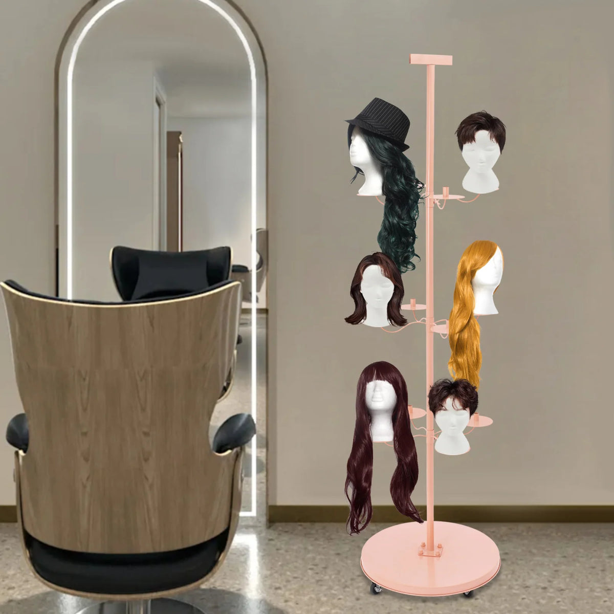 12 Arm Wig Head Display Stand with Universal Wheel Metal Wig Display Holder 360° Wig Display Tool for Hair Salon and Art Gallery