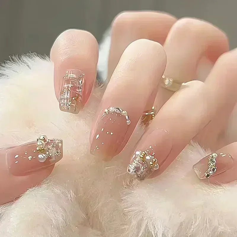 24pcs cute girly short square false nails with white French tips, glitter stars, rhinestones, cat eye and bow art