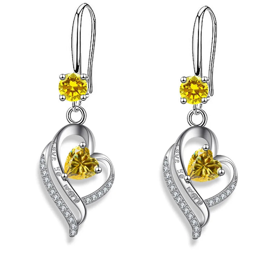 Silver heart drop earrings with colorful zircon for women by HSF Marketplace
