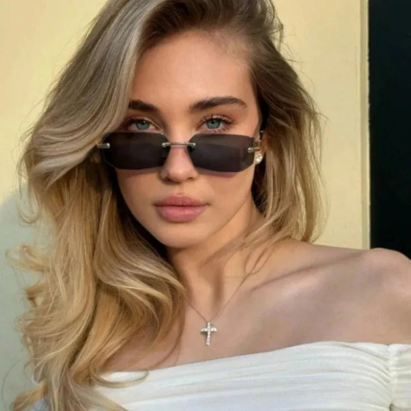 Rimless rectangle fashion sunglasses by HSF Marketplace, small sun glasses for women and men, perfect for travel and stylish wear.