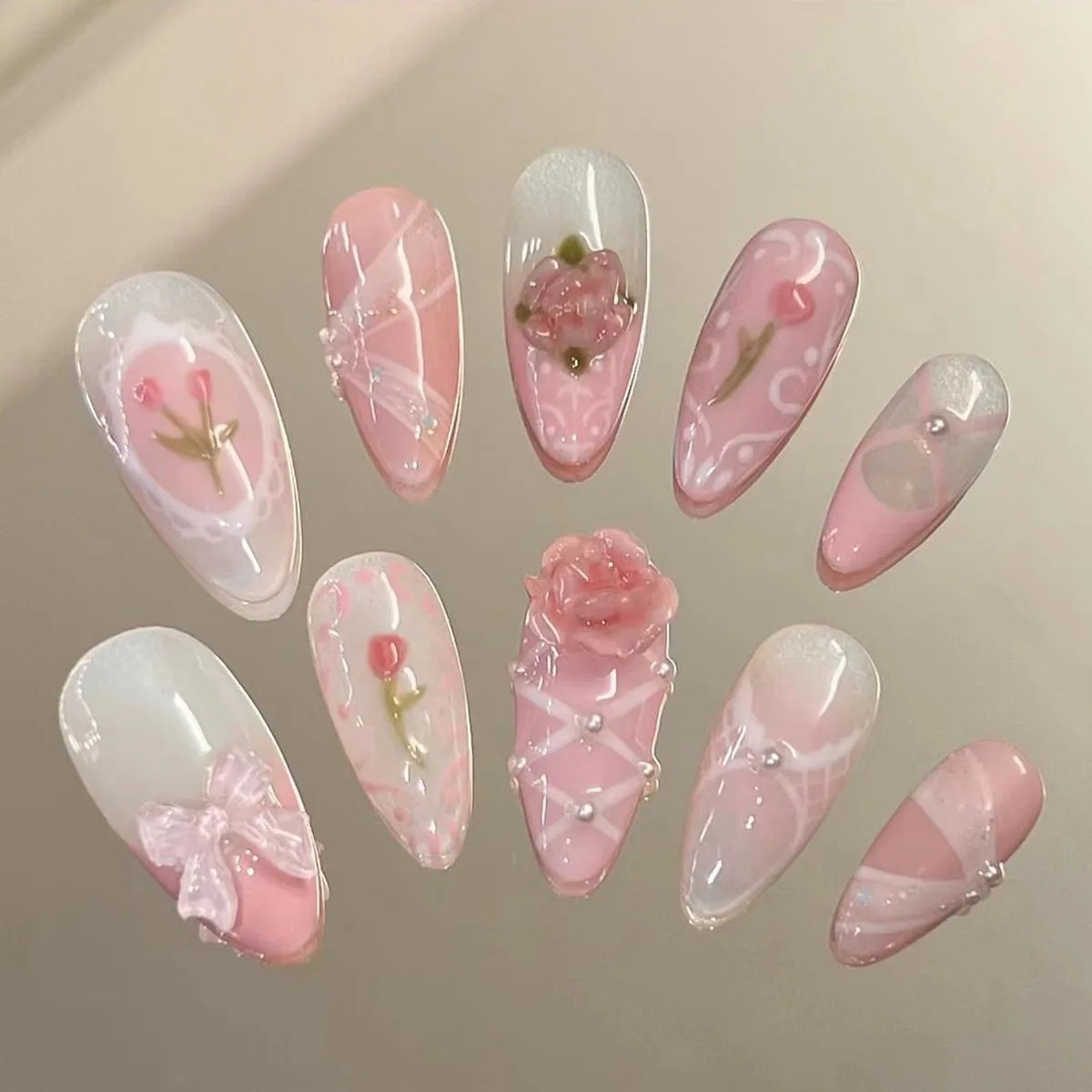 HSF Marketplace pink almond press-on false nails with bowknots, love hearts, and pearl design, 24-piece set