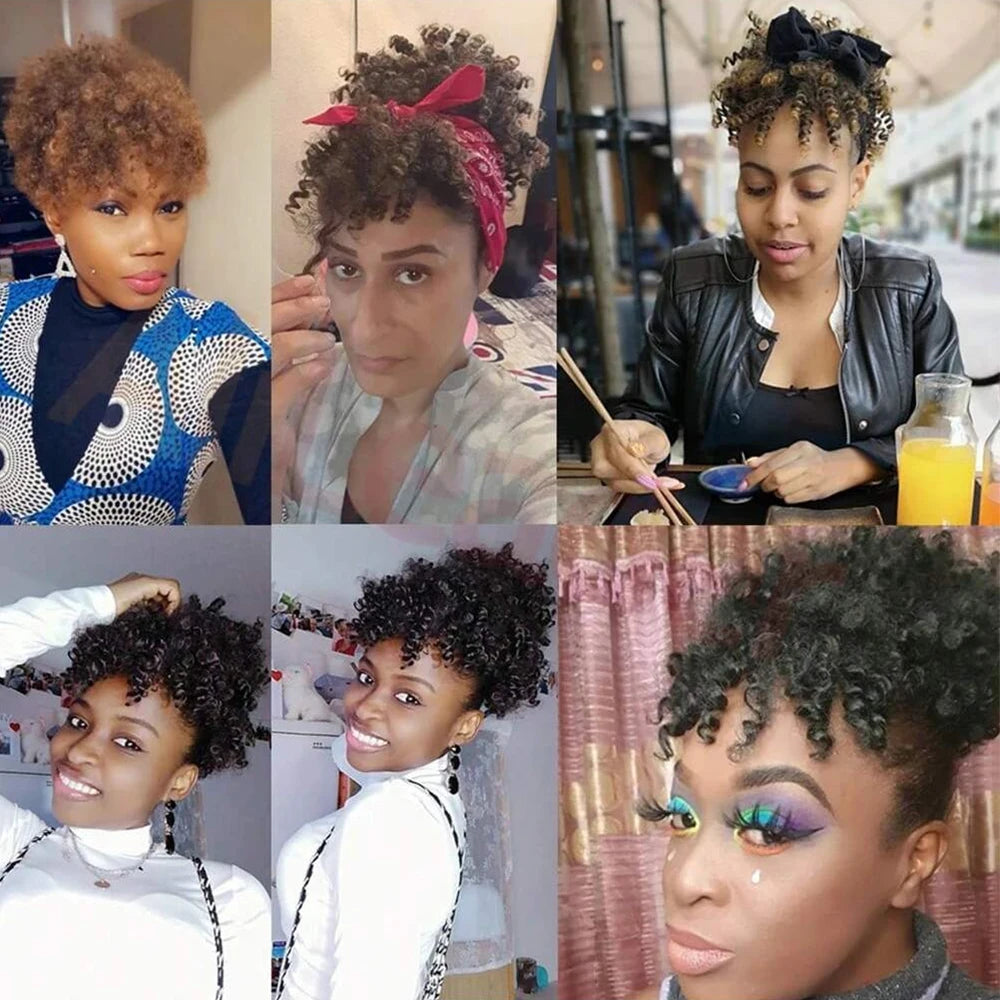 Afro puff drawstring ponytail with bangs, short kinky curly synthetic pineapple updo bun for Black women