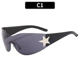 Y2K rimless punk sunglasses by HSF Marketplace, wrap-around design, one-piece style for women and men with luxury sporty look.