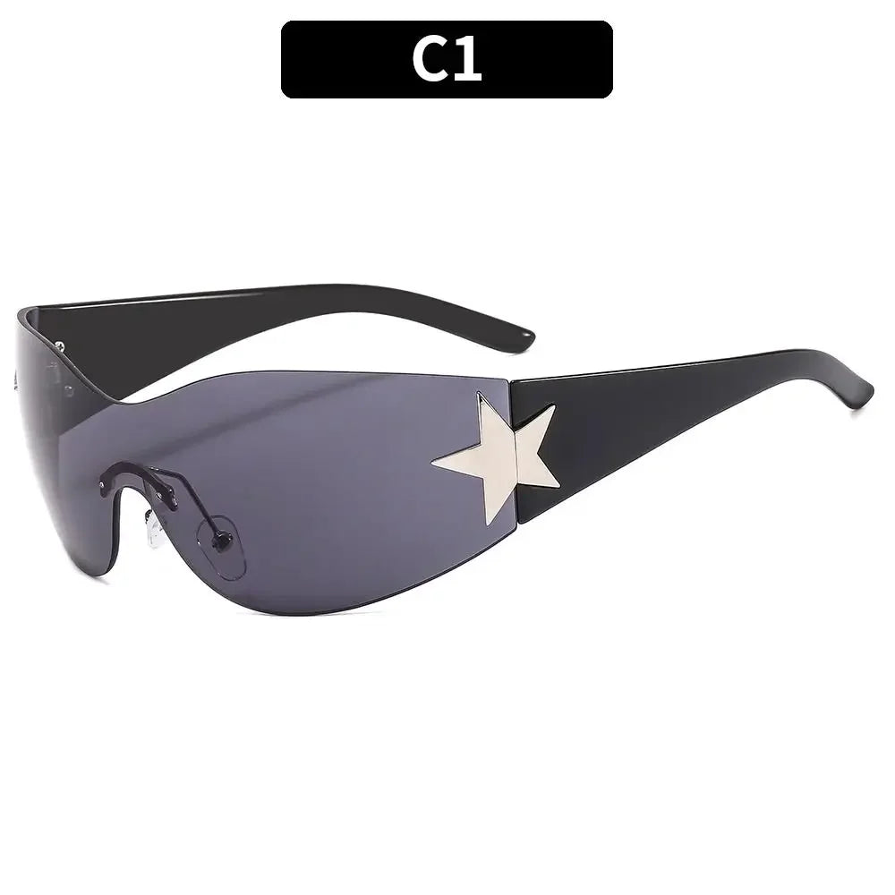 Y2K rimless punk sunglasses by HSF Marketplace, wrap-around design, one-piece style for women and men with luxury sporty look.