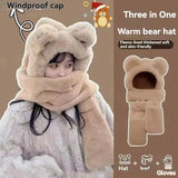 Warm plush fleece 3-in-1 bear ear hooded winter hat and scarf set by HSF Marketplace