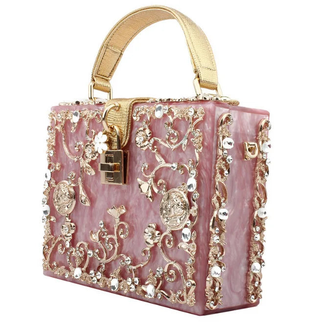 HSF acrylic dinner bag with engraved metal frame and diamond accents, elegant handbag design