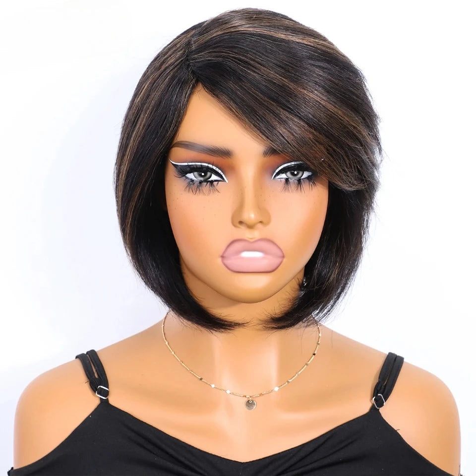 Rebecca Brazilian short straight bob wig with bangs, human hair, side part, full machine-made, for black women, by HSF Marketplace