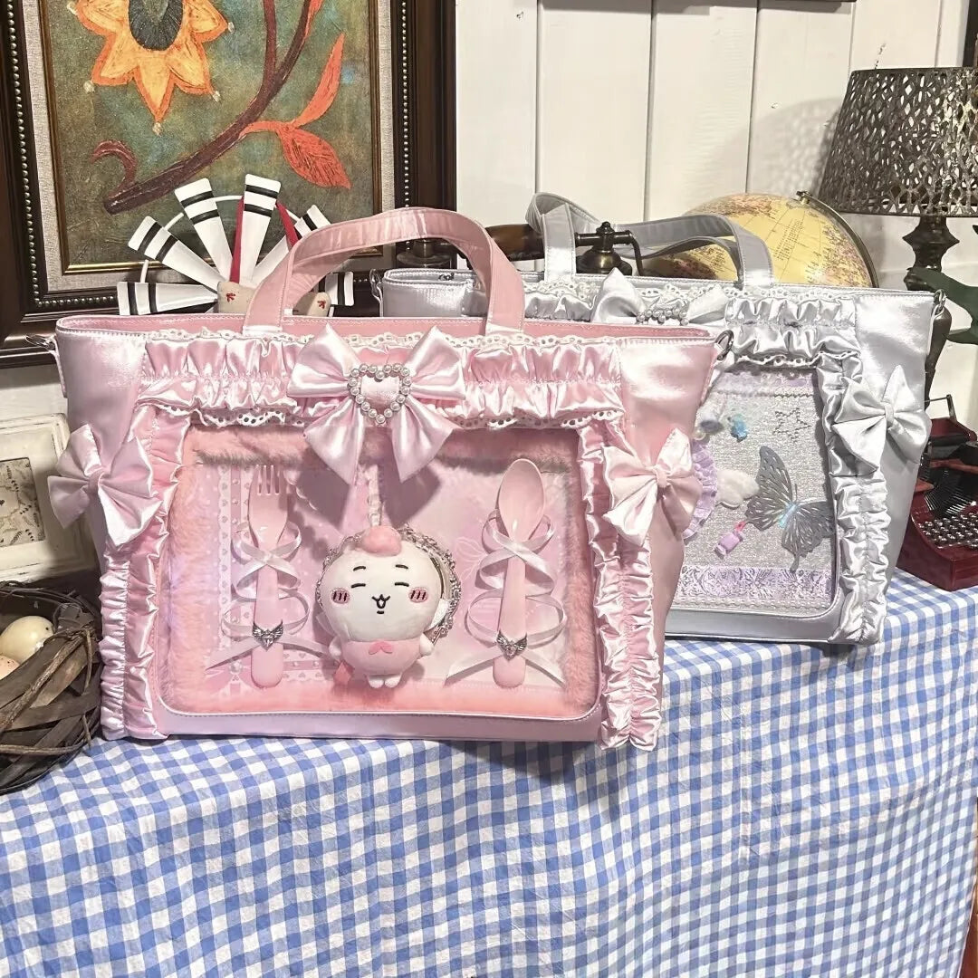 Transparent Y2K lolita-style Japanese ita bag with large capacity, casual crossbody tote, ideal for DIY display and fashion.