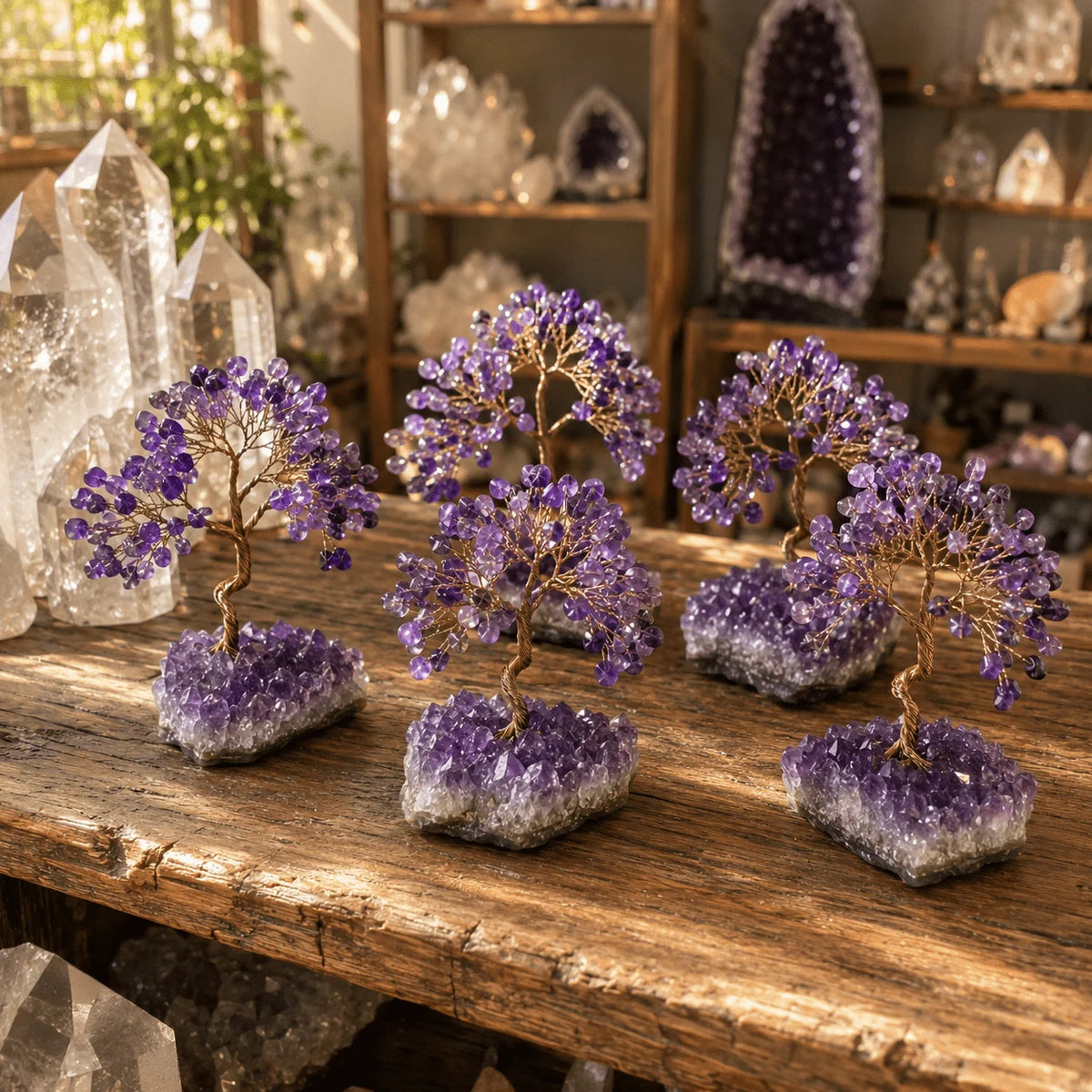 Random natural amethyst cluster tree handmade crystal sculpture, suitable for desktop decoration, office ornaments, unique gifts