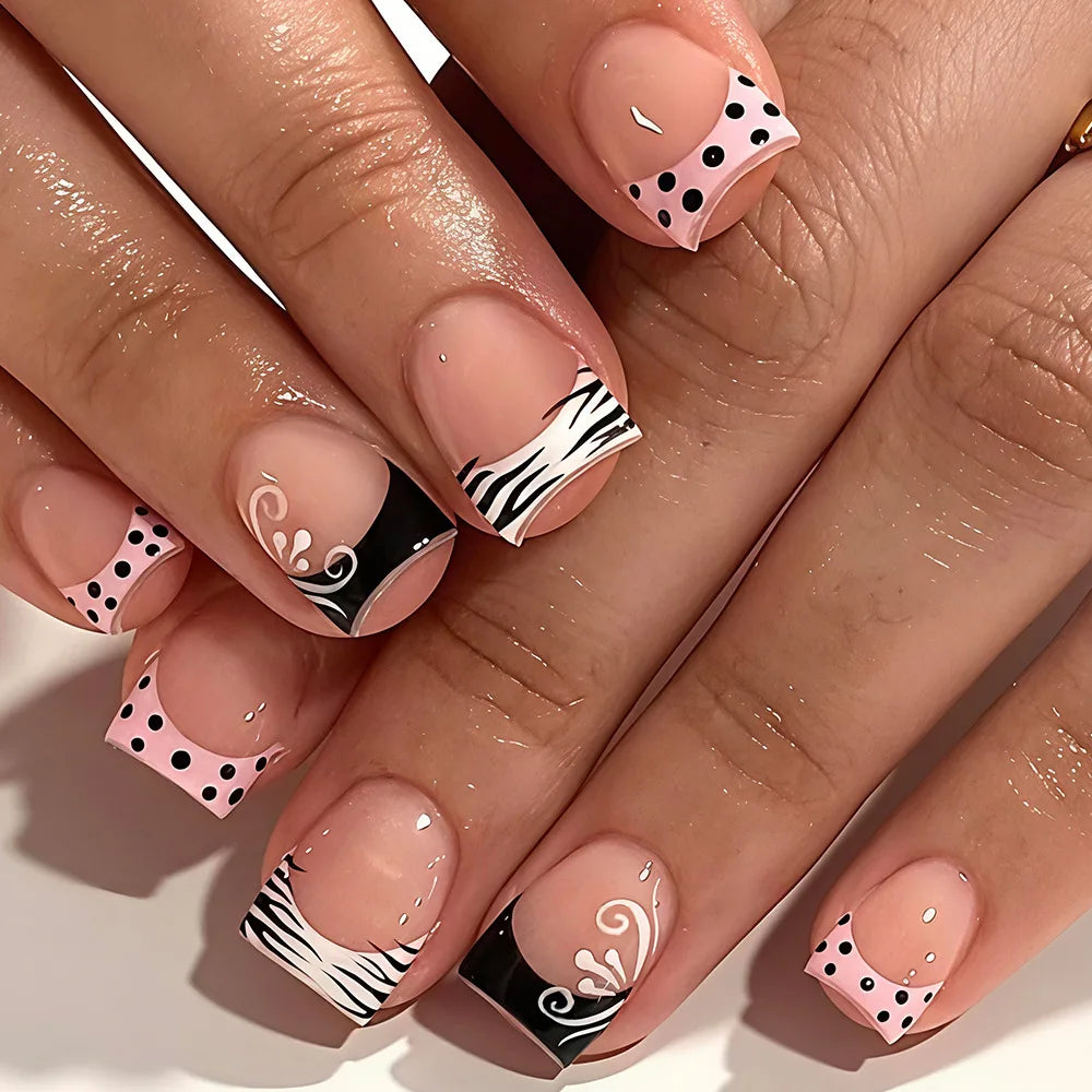 24pcs short square black and white zebra polka dot French-style press-on false nails for DIY manicure art