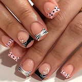 24pcs short square black and white zebra polka dot French-style press-on false nails for DIY manicure art