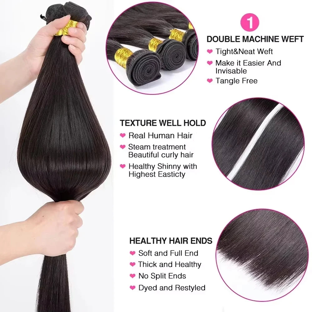 Brazilian Human Hair Bundles With Closure Straight Raw 3 4 Bundles With 4x4 5x5 HD Lace Closure Virgin Weave With 13x4 Frontal