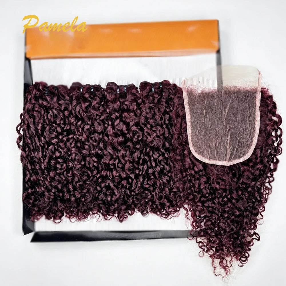 Burmese Curly Human Hair Bundles With 5x5 Closure And 3 Bundles 100% Human Hair Extensions Burgundy Color 13x6 Lace Frontal