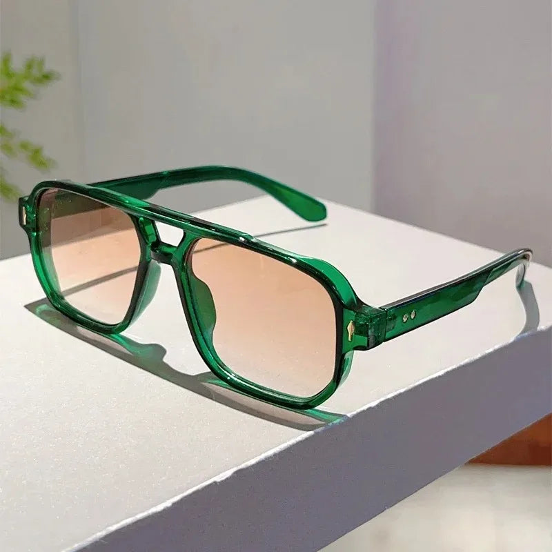Vintage double bridges square sunglasses with rivets, ocean lenses, UV400 protection, stylish women's eyewear, perfect for travel.