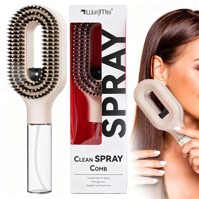 HSF Marketplace 2-in-1 spray hair brush with water mist and anti-static detangling comb for frizz control and scalp massage.