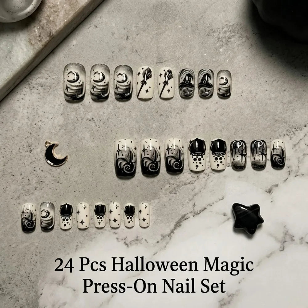 24PCS HSF Marketplace Halloween press-on nails, red glossy square spider web gothic false nail tips