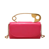 Red retro metal pin design women’s crossbody bag with chain strap, PU leather purse, clutch style handbag for ladies.